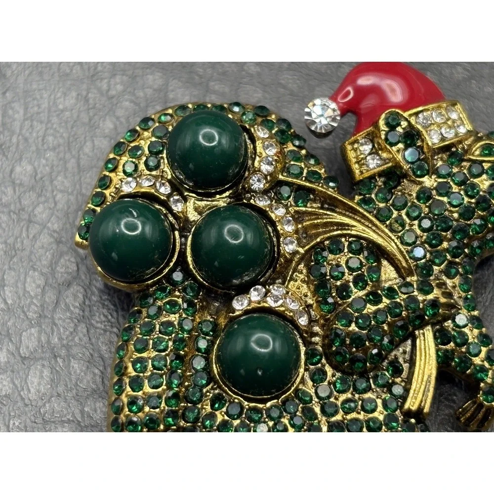 Christmas Mouse Santa Brooch Green Rhinestone Red Enamel Hat Gold Tone